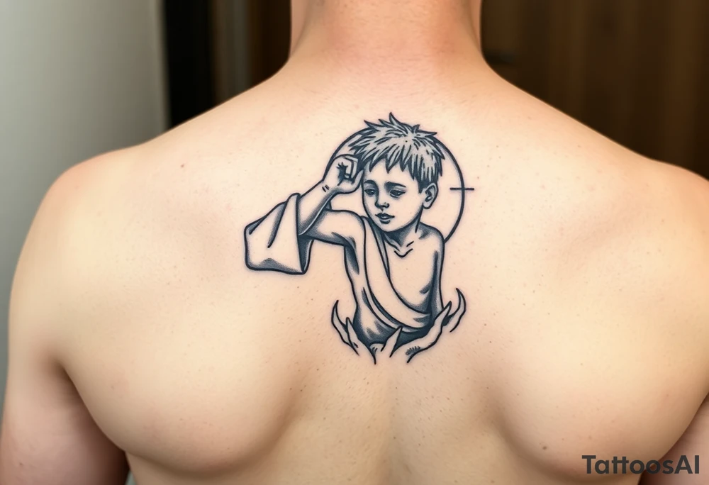 i want a boy reaching out to Jesus hand while falling into the emboss tattoo idea