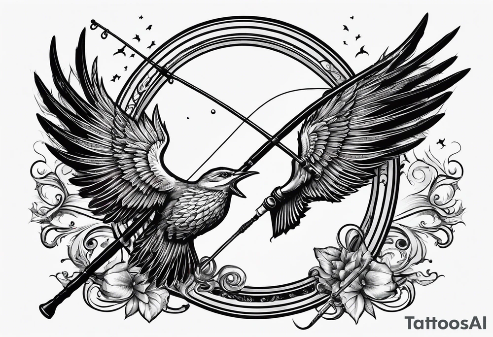 fishing pole and hook with halo and wings tattoo idea