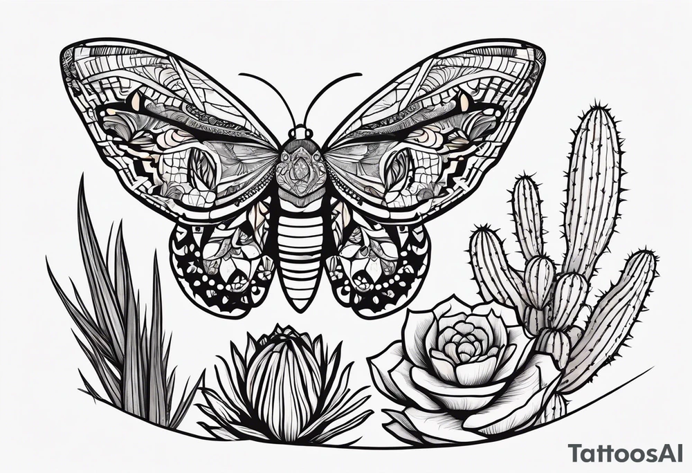 Modern Mexican style small moth in flight over a desert garden with cactus and small succulents tattoo idea