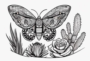Modern Mexican style small moth in flight over a desert garden with cactus and small succulents tattoo idea