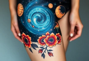 Milky way galaxy with planets with zodiac symbols and protection runes with red roses and sunflowers tattoo idea