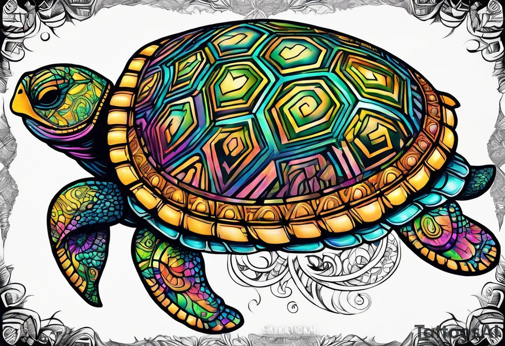 tropical psychedelic turtle's back, top down view, as seen from above tattoo idea