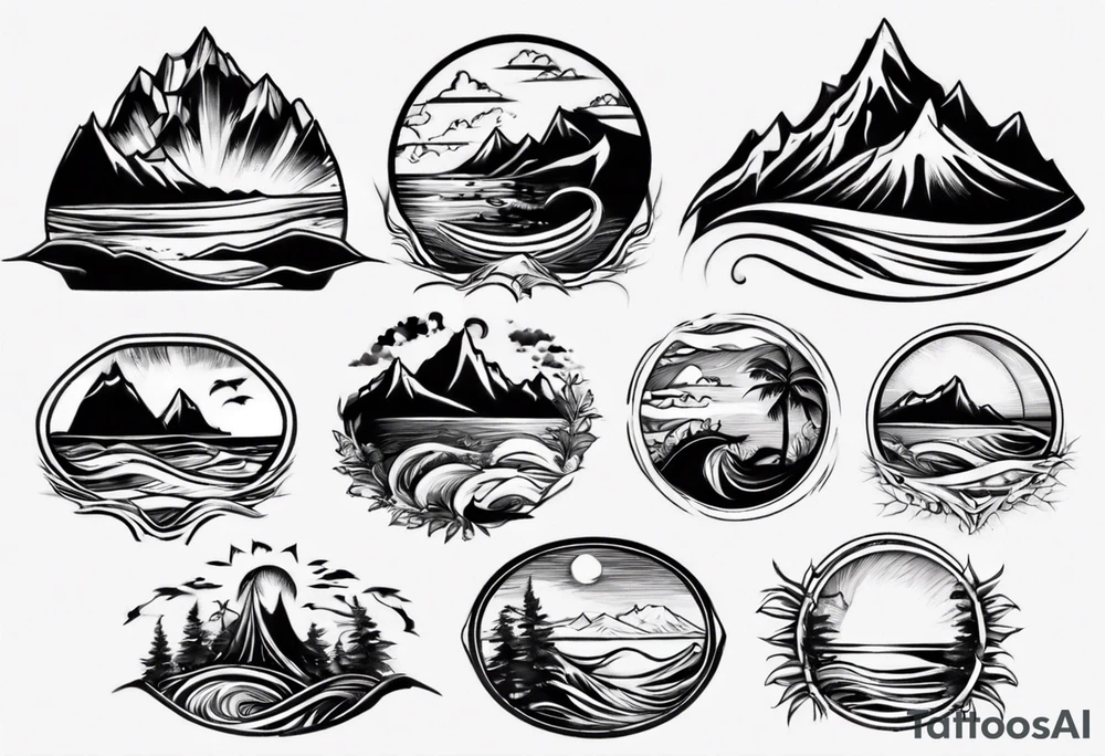 mountains, beach, waves, sunset, trees tattoo idea