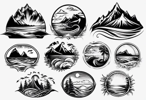 mountains, beach, waves, sunset, trees tattoo idea