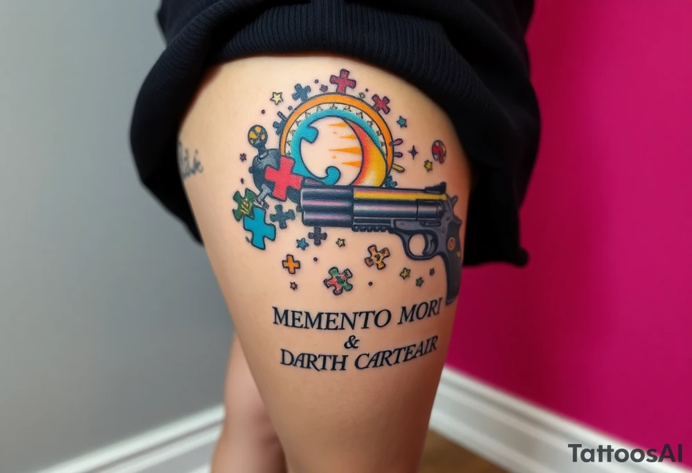 colorful futuristic memory tattoo for passed boyfriend;, Harley Davidson, skateboarding, puzzle pieces, video games, heaven, god, outdoors, beretta 9mm gun, disc golf, words "MEMENTO MORI" & DARTH CARTER tattoo idea