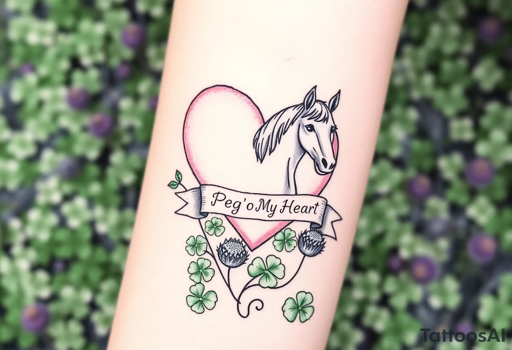 a big pale pink heart and a horse in a huge patch of green shamrocks, and purple thistles, with a banner across the heart that says Peg 'o My Heart tattoo idea