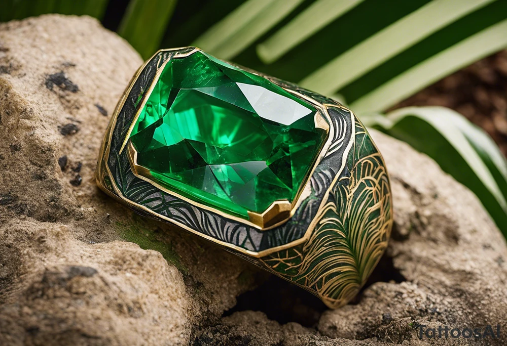 Tattoo: A striking Gachala emerald sits at the base of a tall quindio wax palm, which grows resiliently from cracks in rugged, rocky soil. The emerald is the main focal point, symbolizing strength and endurance, while the wax palm, rooted in the soil’s crevices, represents growth and resilience. A small water stream flows gently from the rocks, adding an element of life and nourishment tattoo idea