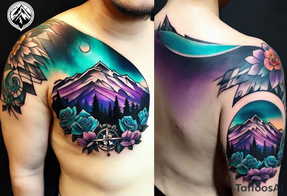 I’d like a half sleeve tattoo on my shoulder. It features a mountain range, with a compass rose rising up from behind the mountain like a sunrise. In front of the mountains, there are purple and teal flowers. tattoo idea
