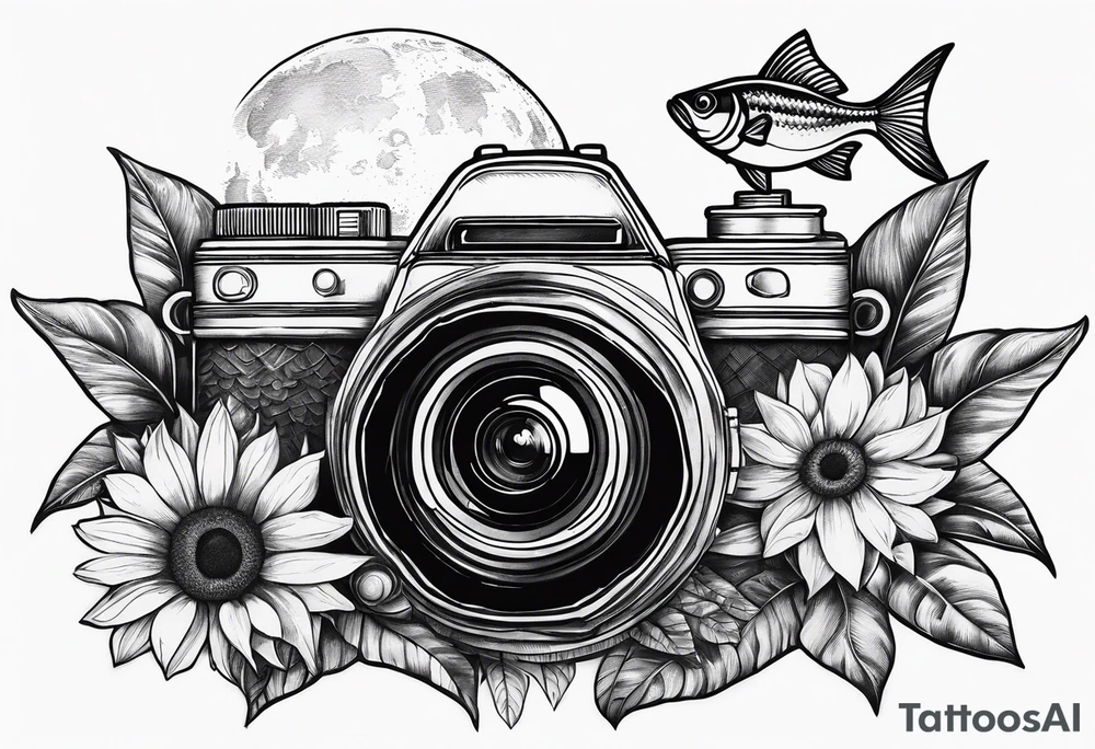 sunflower, camera, fish, moon tattoo idea
