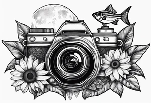 sunflower, camera, fish, moon tattoo idea
