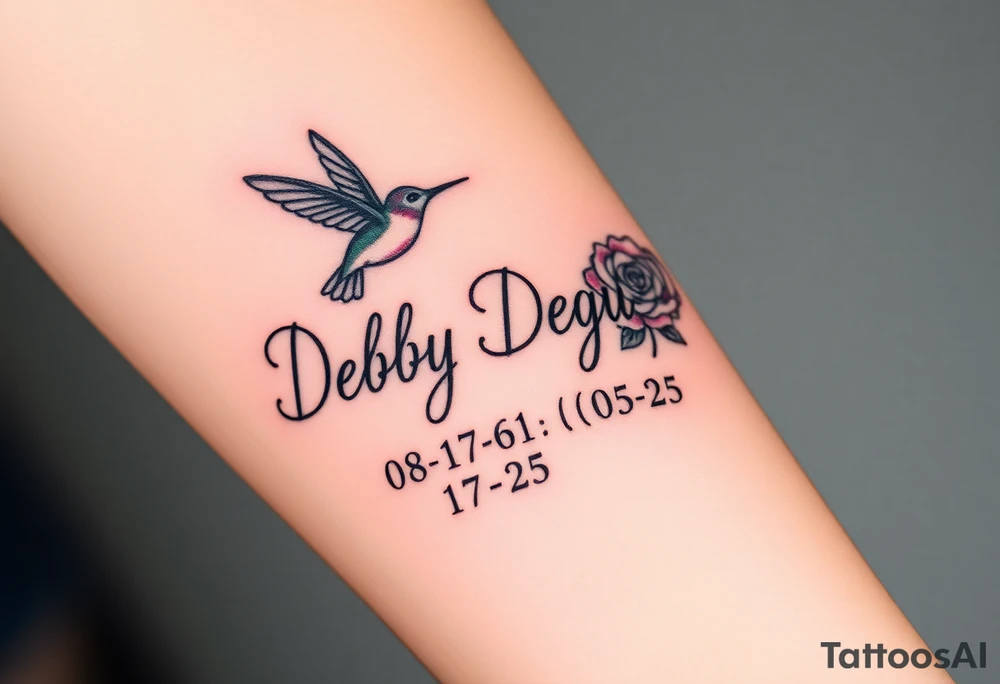 Cursive name Debby Deguzman surrounded by a hummingbird a rose and these dates 08-17-61 to 05-29-25 tattoo idea