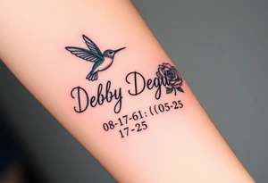 Cursive name Debby Deguzman surrounded by a hummingbird a rose and these dates 08-17-61 to 05-29-25 tattoo idea