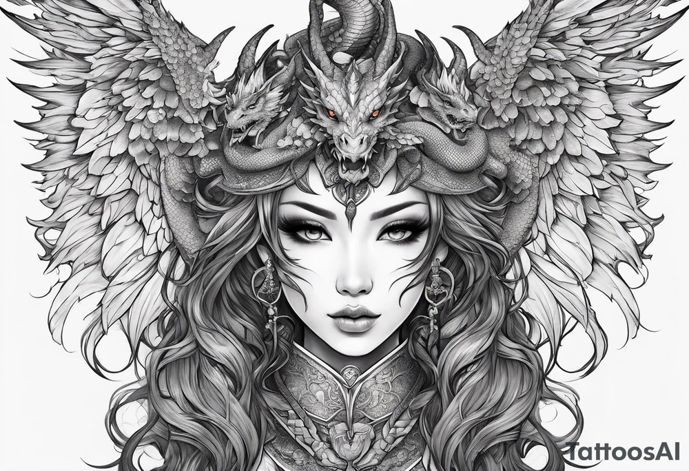 beautiful warrior nymph with dragon wings and a dragon friend tattoo idea