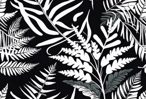 A detailed, vintage-style black and white tattoo of ferns, leaves, and moss, in a simple design. Flat design tattoo idea