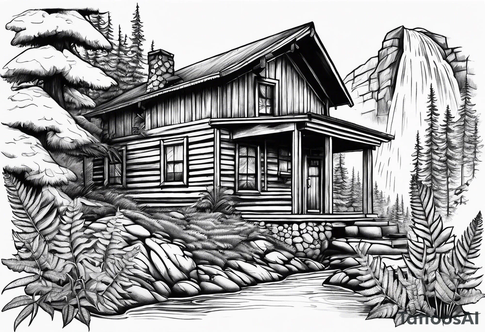 Cabin with ferns around it and a buck by a waterfall tattoo idea