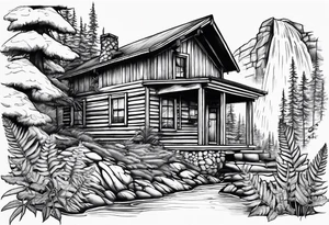 Cabin with ferns around it and a buck by a waterfall tattoo idea