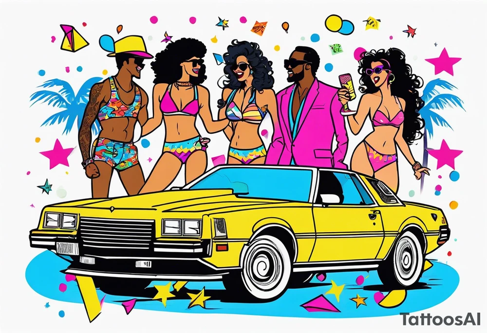 1980's miami vice style beach dance 
party, include confetti, music notes, boom box, bikinis tattoo idea