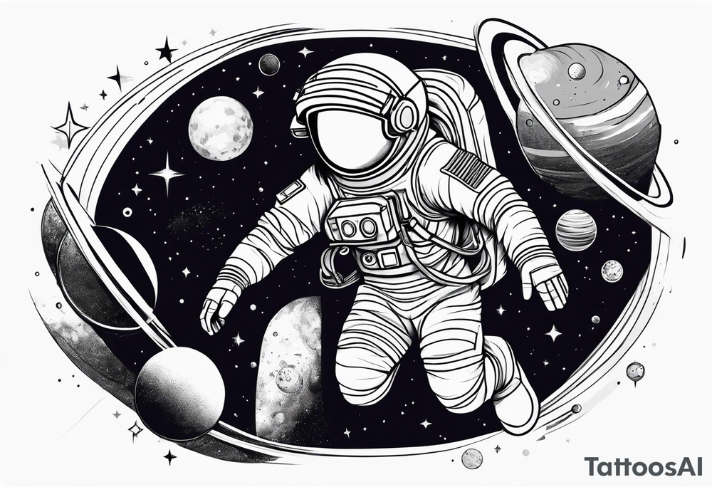 An astronaut floating in space with planets around him tattoo idea