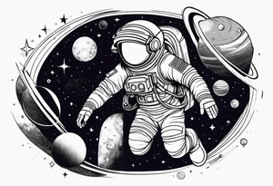 An astronaut floating in space with planets around him tattoo idea