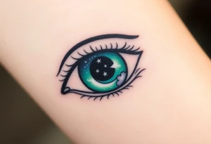 Large outline of an almond shaped eye with a spade shaped eyeball colored greenish blue with a crescent moon stars and clouds inside vivid colors blue green purple tattoo idea