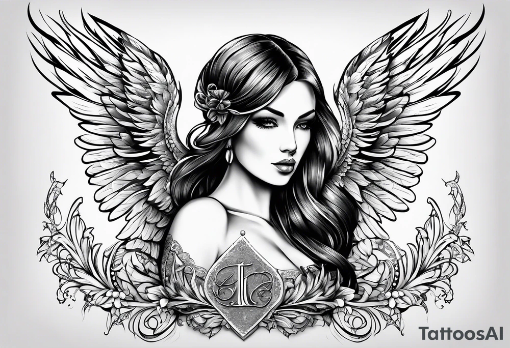 Tattooed Angel with The name « Leah » is written in gothic letters. tattoo idea