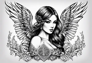 Tattooed Angel with The name « Leah » is written in gothic letters. tattoo idea