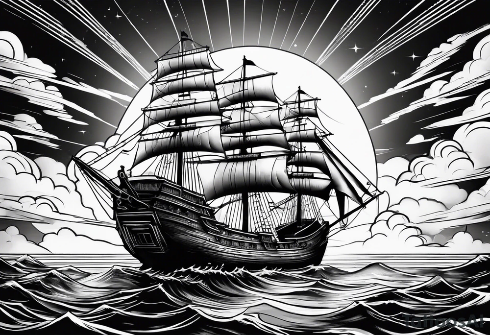 an ancient ship sailing in front of a synthwave sun, guitars in the sky tattoo idea