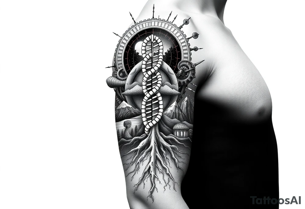 Full sleeve tattoo design for a left arm, vertical composition. A surreal blend of Southern California landscapes including desert dunes, snow-capped mountains, and ocean waves. The landscapes are integrated into a 3D geometric and biomechanical framework with gears, droid-like metallic components, and Matrix-style digital rain. In the center, a double helix DNA strand transitions into tree roots. Style: Alex Grey visionary art meets TOOL aesthetic. High contrast black and grey with subtle glowing amber highlights. Hyper-realistic, 8k, white background tattoo idea