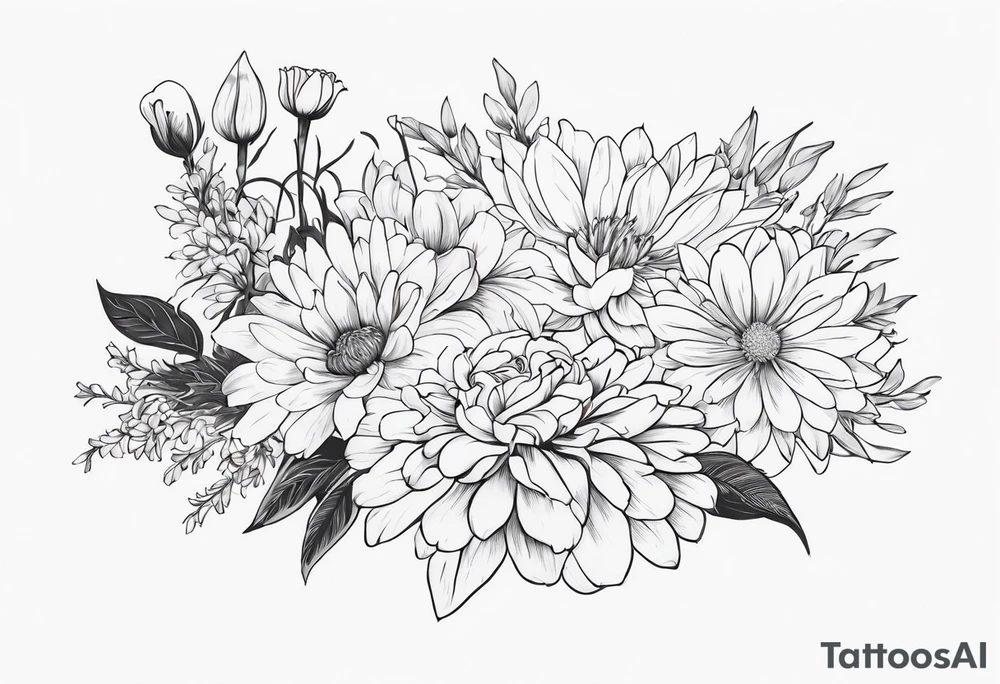 Asters, roses, Lillies, chrysanthemums in a long line tattoo idea