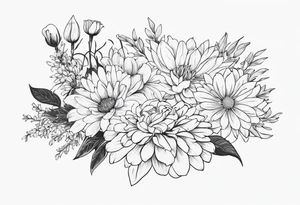 Asters, roses, Lillies, chrysanthemums in a long line tattoo idea