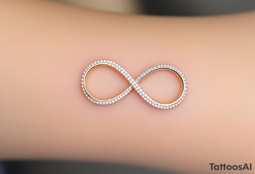 An infinity symbol made of two interlocking wedding bands, shaded in gold and platinum, with tiny diamond sparkles. tattoo idea