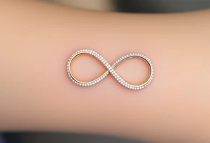 An infinity symbol made of two interlocking wedding bands, shaded in gold and platinum, with tiny diamond sparkles. tattoo idea