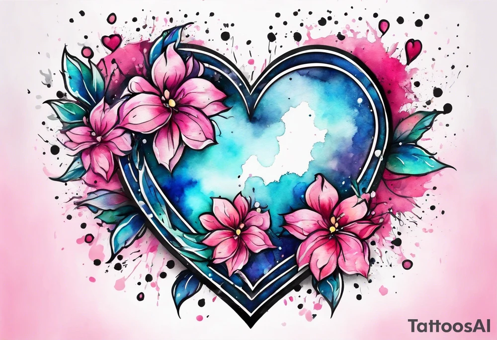Flowers around a heart with pink splatter water color background tattoo idea