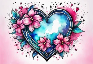 Flowers around a heart with pink splatter water color background tattoo idea