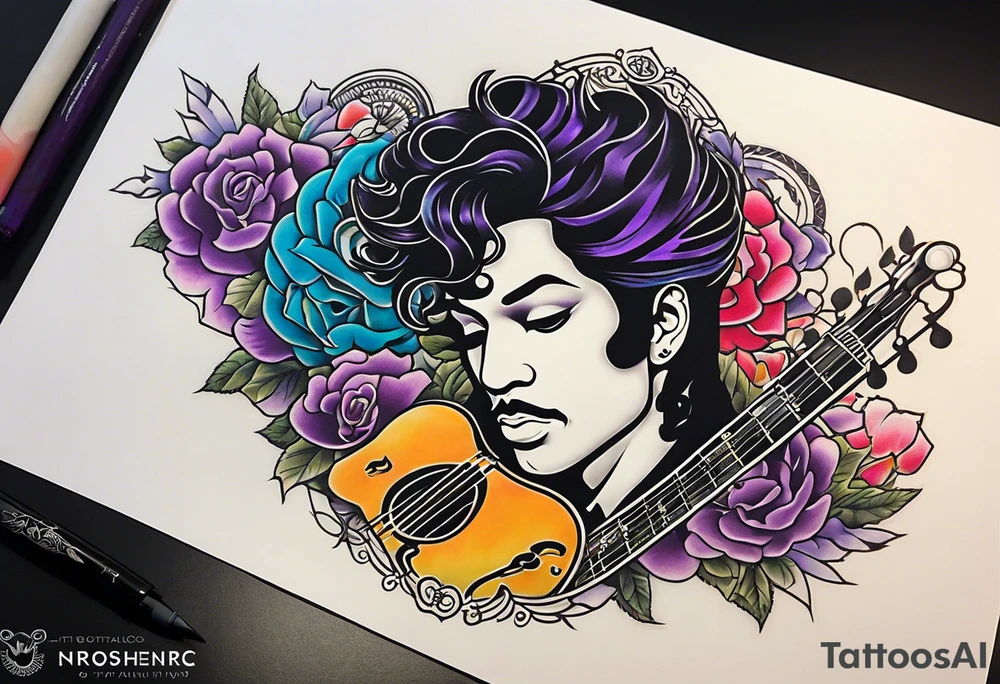 Tattoo honoring the musician Prince that also incorporates Pride colors. No symbols, and no faces. tattoo idea