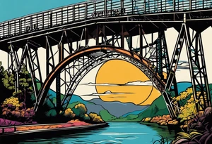 70's poster art, pop art, simple, view from under steel truss cantilever bridge tattoo idea