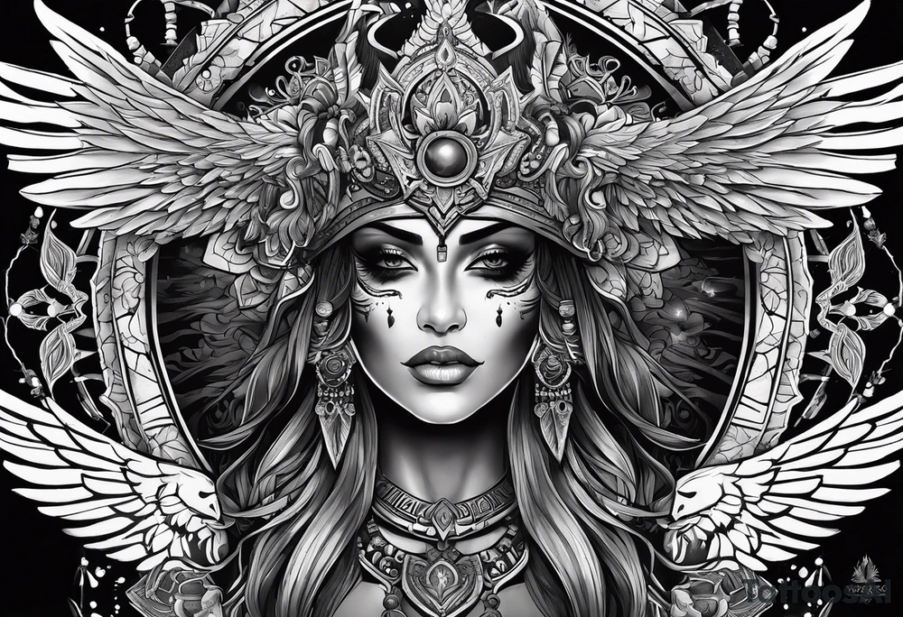 kali, goddess pirate, pachamama, valkrye, warrior, skull, lotus azul, wing, eagle, zenza resonance, stars tattoo idea