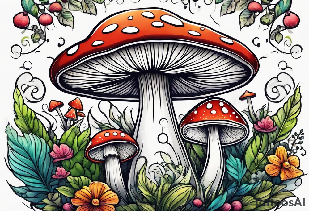Happy mushroom surrounded by smaller plants tattoo idea