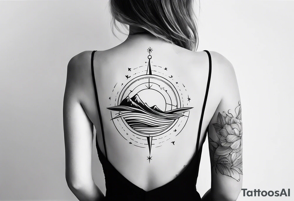 Tattoo along spine Compass with wAVES on mid back female elongated with birds above tattoo idea