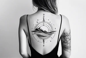 Tattoo along spine Compass with wAVES on mid back female elongated with birds above tattoo idea