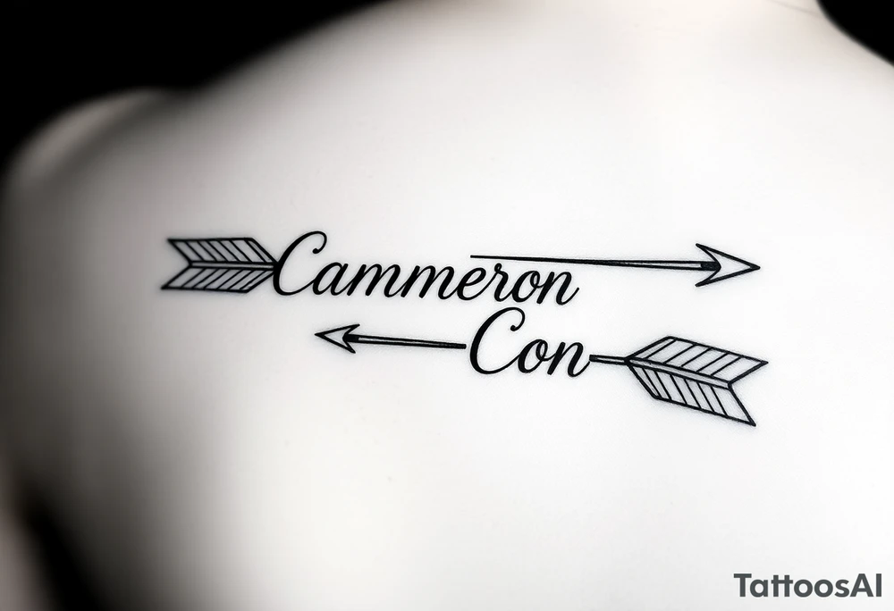 1 fine line  feminine arrow that incorporates the name Cameron and another fine line feminine arrow that incorporates the name Connor tattoo idea