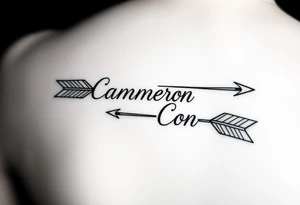 1 fine line  feminine arrow that incorporates the name Cameron and another fine line feminine arrow that incorporates the name Connor tattoo idea
