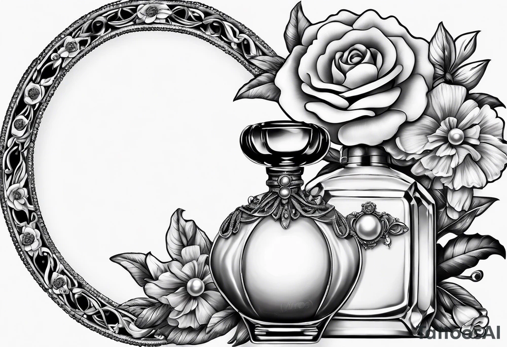 Pearl necklace wrapped around 1950s perfume bottle with flowers and bows surrounding tattoo idea