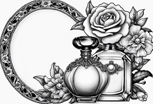 Pearl necklace wrapped around 1950s perfume bottle with flowers and bows surrounding tattoo idea