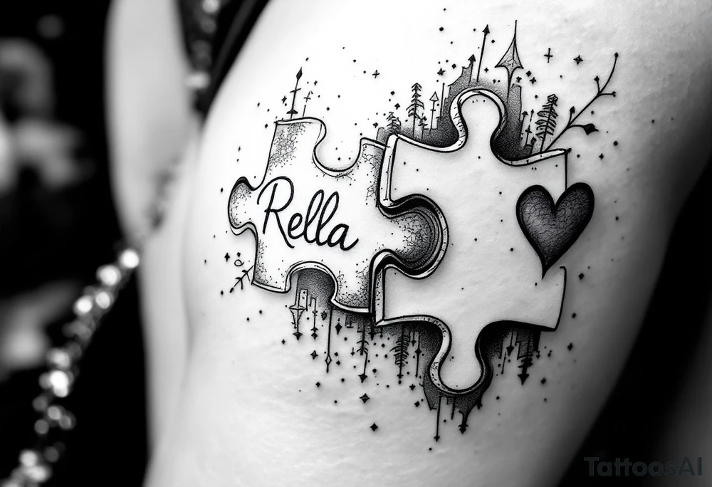 Puzzle piece tattoo where one of the pieces says Rella with an heart tattoo idea