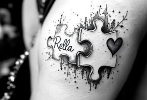 Puzzle piece tattoo where one of the pieces says Rella with an heart tattoo idea