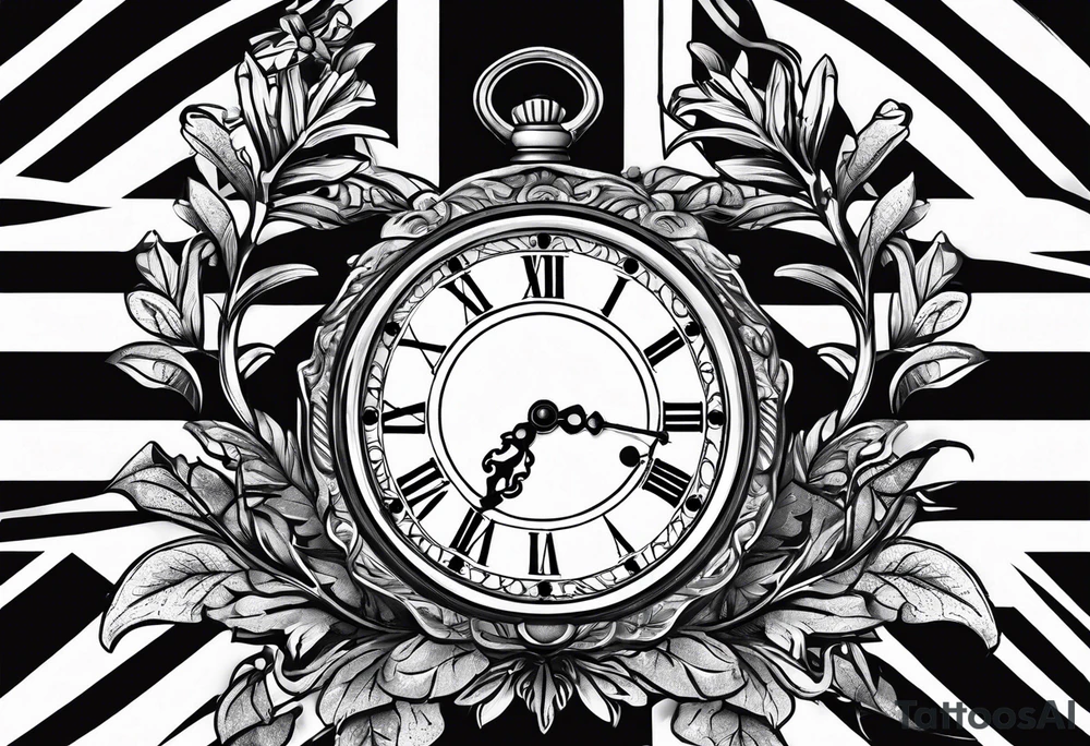 union jack key leaves clock tattoo idea