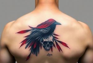 A gothic raven perched on a skull, with a veil of blood-red feathers, representing love even through darkness and loss tattoo idea