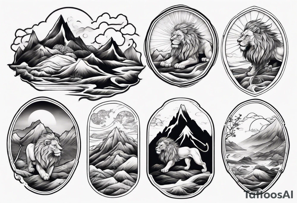 lion in a mountain and sea landscape tattoo idea