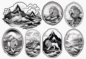 lion in a mountain and sea landscape tattoo idea